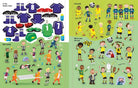A children's sticker activity sheet featuring soccer-themed illustrations, including various soccer jerseys, players, trophies, and text labels like 'In the locker room' and 'Free kick'. The sheet is split into multiple pages with colorful cartoon graphics on a white and light green background.