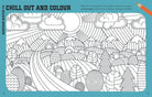 Coloring book page with a landscape design and text 'Chill Out and Colour' on a blue background.