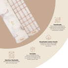 Three folded muslin baby blankets with a warm brown plaid pattern and soft pastel illustrations are displayed on a beige background with descriptive text and icons highlighting their features.