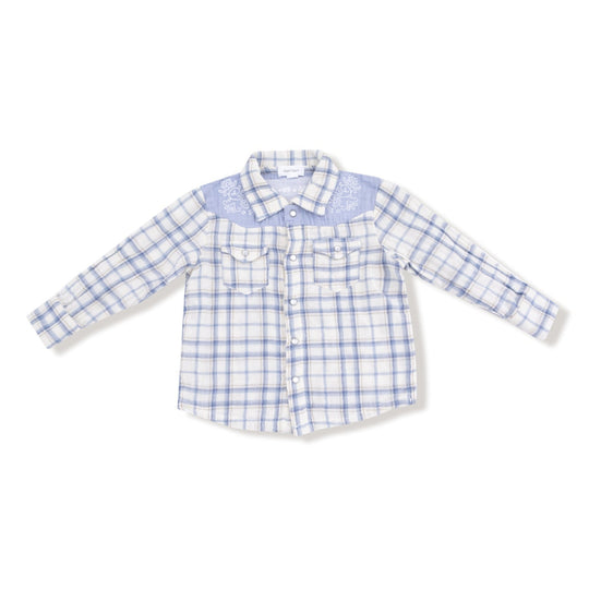 Long Sleeve Howdy Western Pearl Snap Shirt - Blue Plaid by Angel Dear