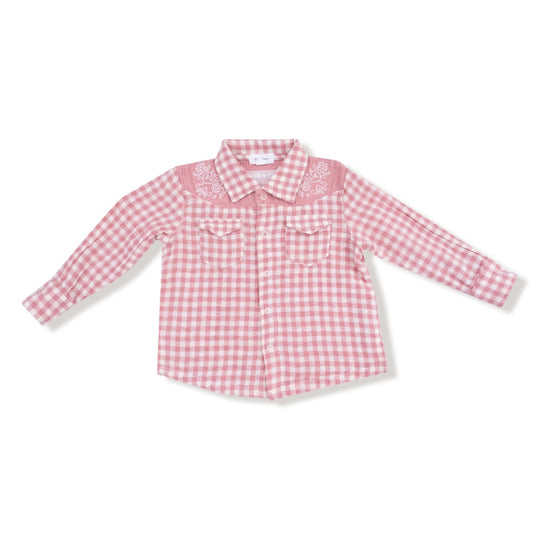 Long Sleeve Howdy Western Pearl Snap Shirt - Rose Pink Plaid by Angel Dear