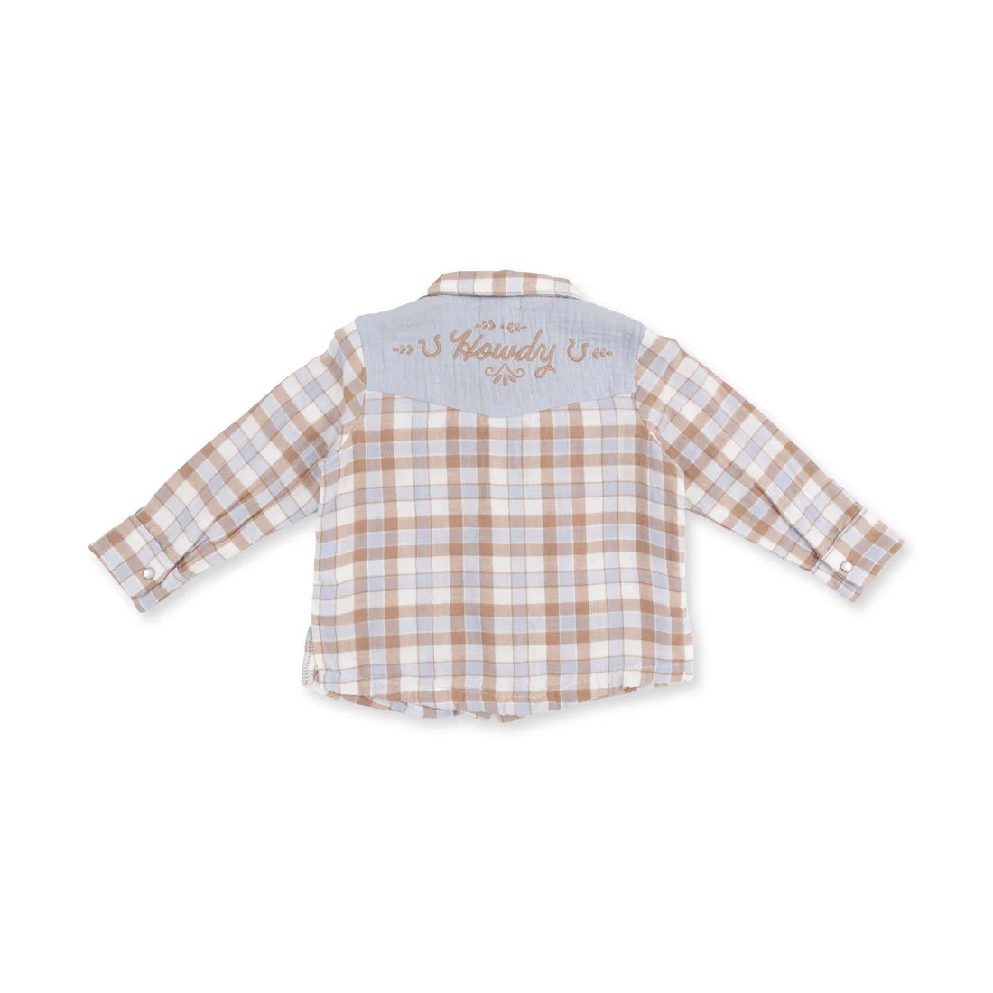 A children's long-sleeve plaid shirt shown from the back, featuring a white base with tan and light blue checkered pattern, a light blue collar, and 'Howdy U' embroidered in tan on the collar.