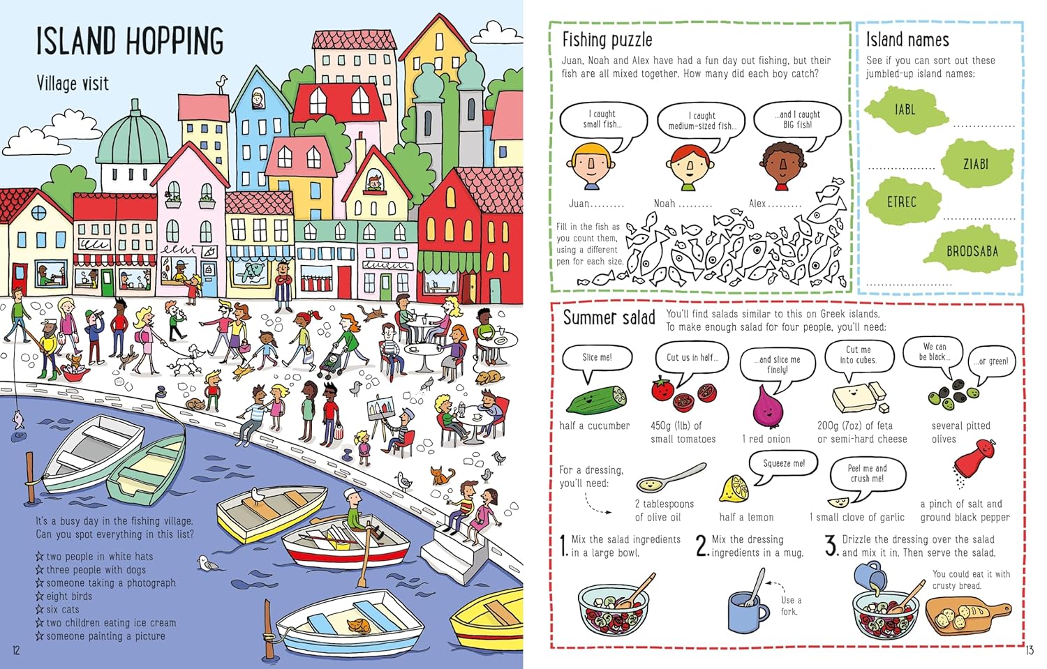 Colorful illustration of a village scene with boats, people, and text bubbles, featuring an island hopping theme.
