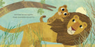 Illustration of a lion and cub lying together with text on a natural background