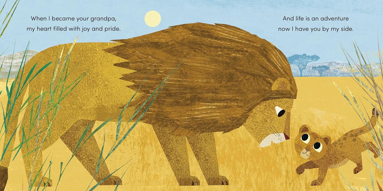 Illustration of a lion and a cub walking together with text about becoming a grandpa.