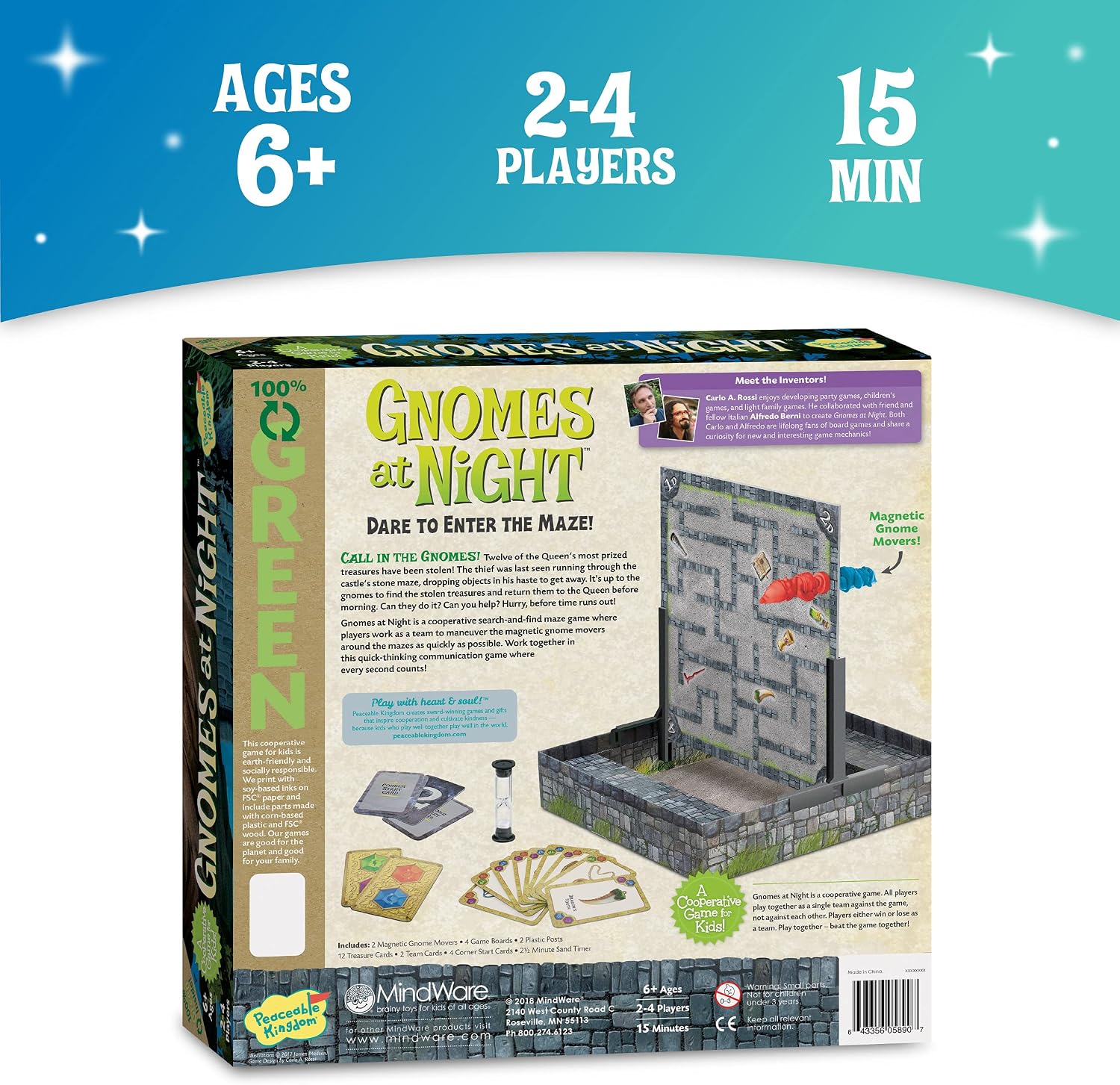 Gnomes at Night board game box by MiniMaya on a white background with a blue starry banner at the top. The box shows a maze setup with a gray stone wall and floor, green title text, and small accessory cards and pieces.