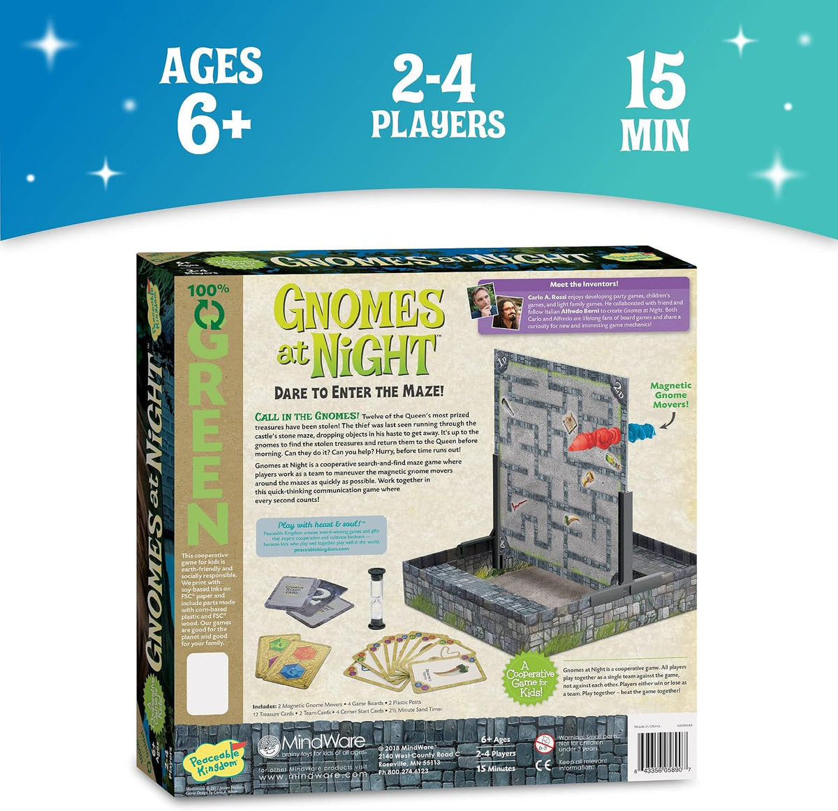 Gnomes at Night board game box by MiniMaya on a white background with a blue starry banner at the top. The box shows a maze setup with a gray stone wall and floor, green title text, and small accessory cards and pieces.