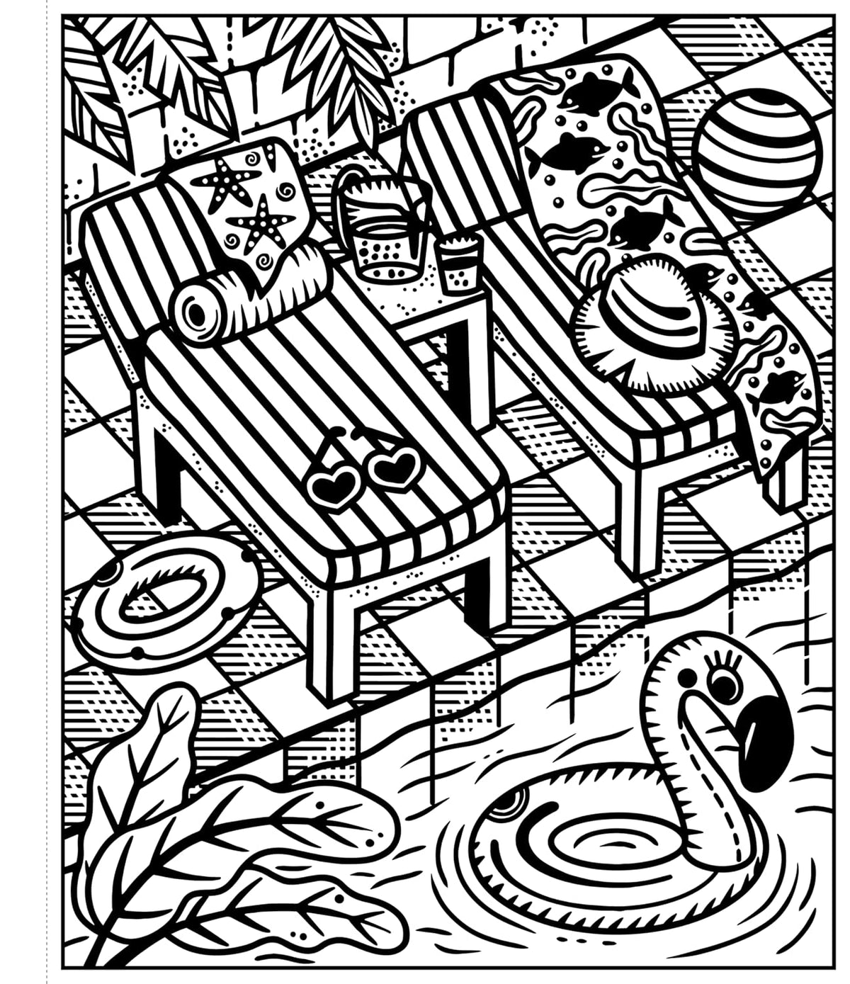 Coloring page with beach scene including lounge chairs, flamingo, and beach ball.