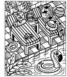 Coloring page with beach scene including lounge chairs, flamingo, and beach ball.