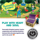 Advertisement for Peaceable Kingdom toys with characters and a treasure chest on a grassy field.