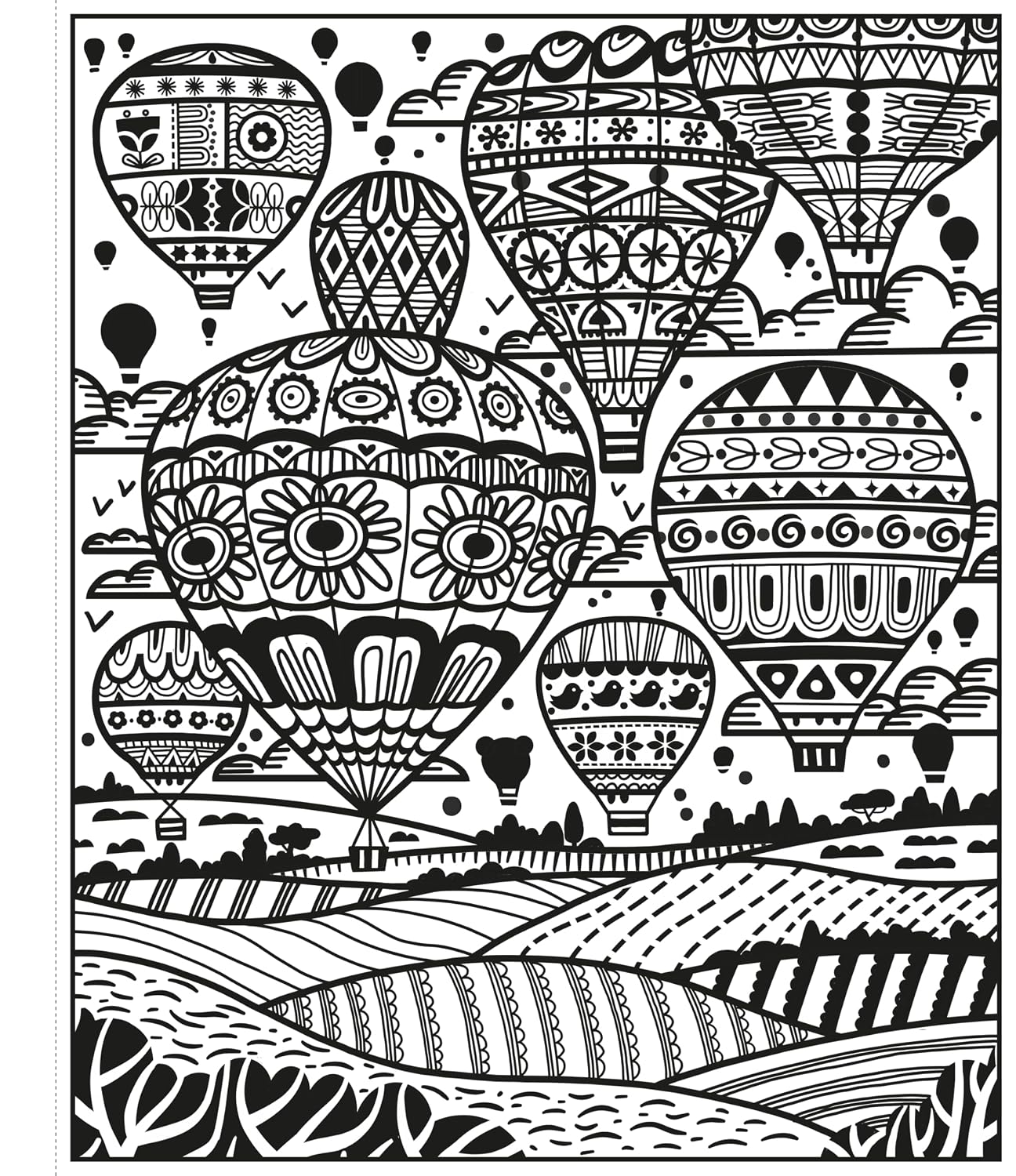 Black and white line art illustration of multiple patterned hot air balloons floating over stylized fields and trees, suitable as a coloring page or art print.