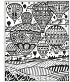 Black and white line art illustration of multiple patterned hot air balloons floating over stylized fields and trees, suitable as a coloring page or art print.