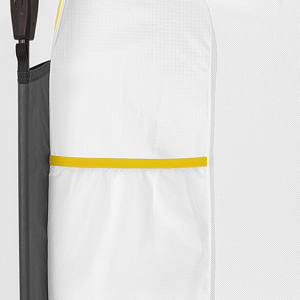 White garment bag with yellow strip and black strap on a white background