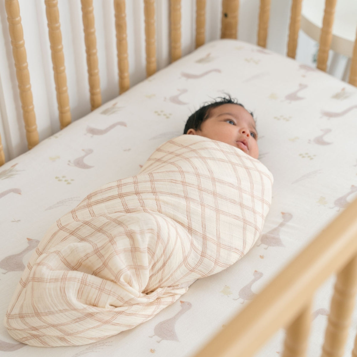 Newborn baby swaddled in a beige blanket lying in a crib with a white sheet.