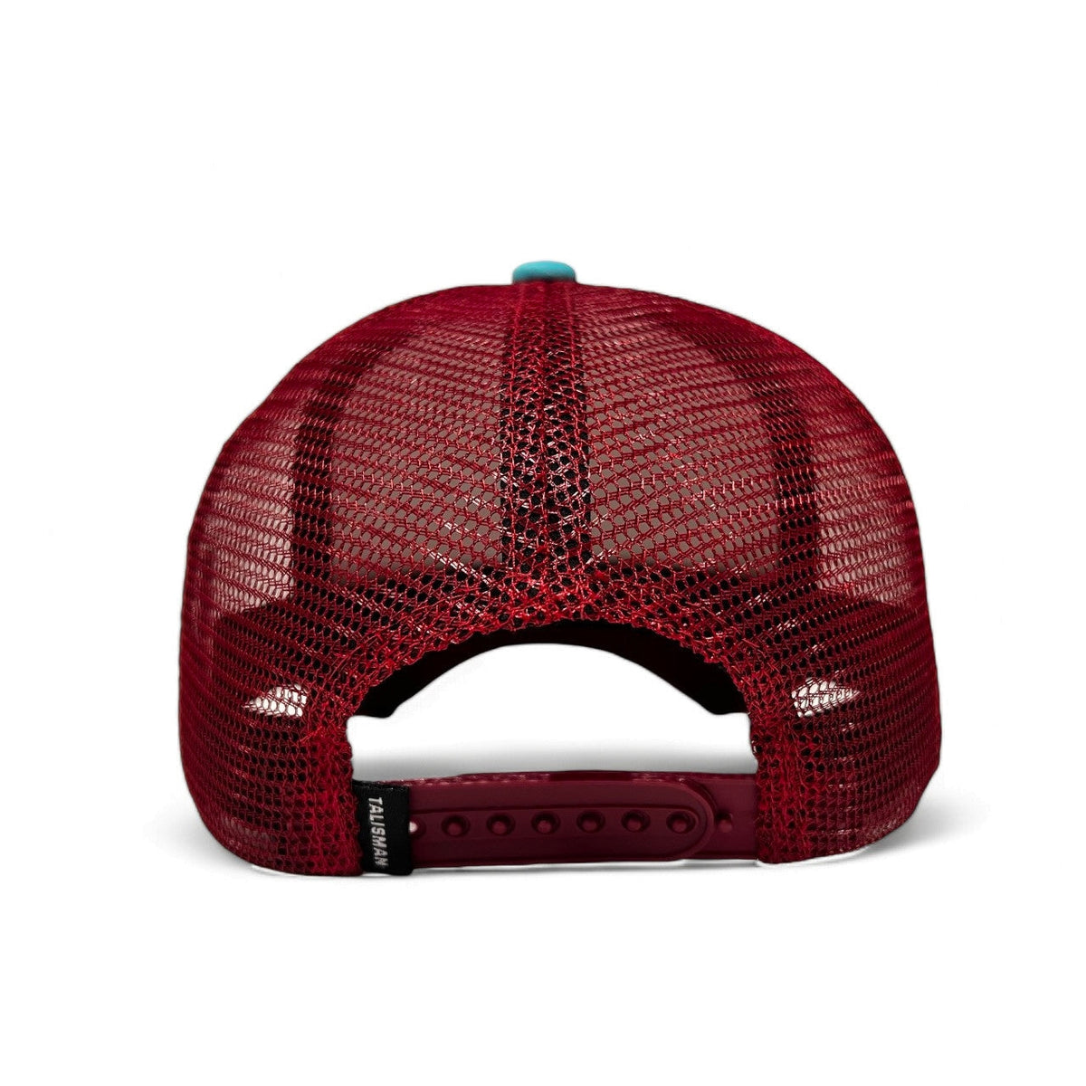 Red mesh cap with a white brim on a white background