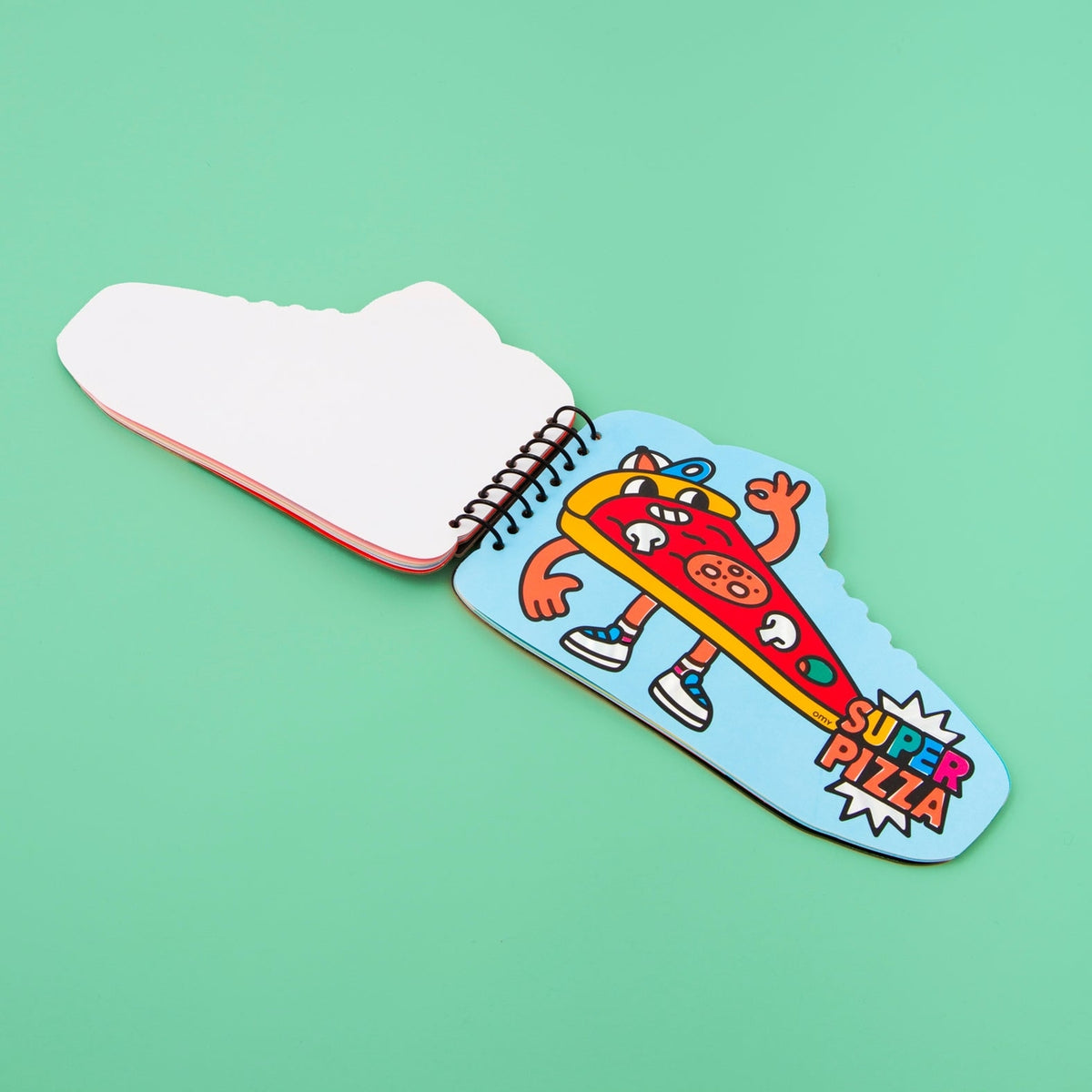 Colorful children's book with a cartoon pizza character on a green background