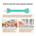 Instructions on how to use a nose and ear cleaner with images of a baby and a hand.