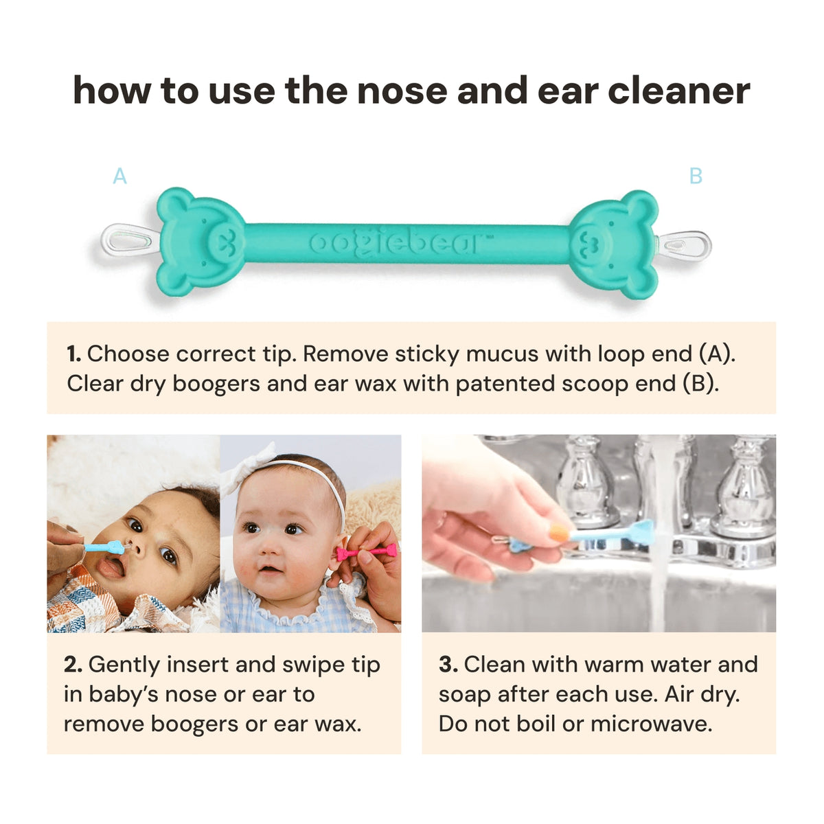 Instructions on how to use a nose and ear cleaner with images of a baby and a hand.