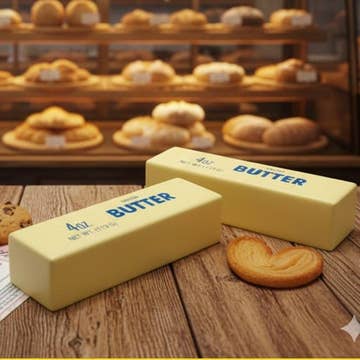 Two blocks of butter on a wooden surface with baked goods in the background.