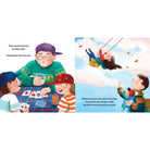 Illustrated book page showing a grandfather teaching cards to grandchildren and taking them to the park.