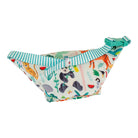 Children's swim diaper with animal print and striped trim on a white background