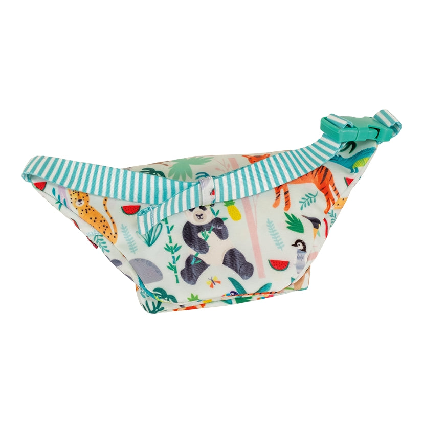 Children's swim diaper with animal print and striped trim on a white background