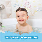 Child in a bathtub with bubble bath, surrounded by colorful drawings on the tub.
