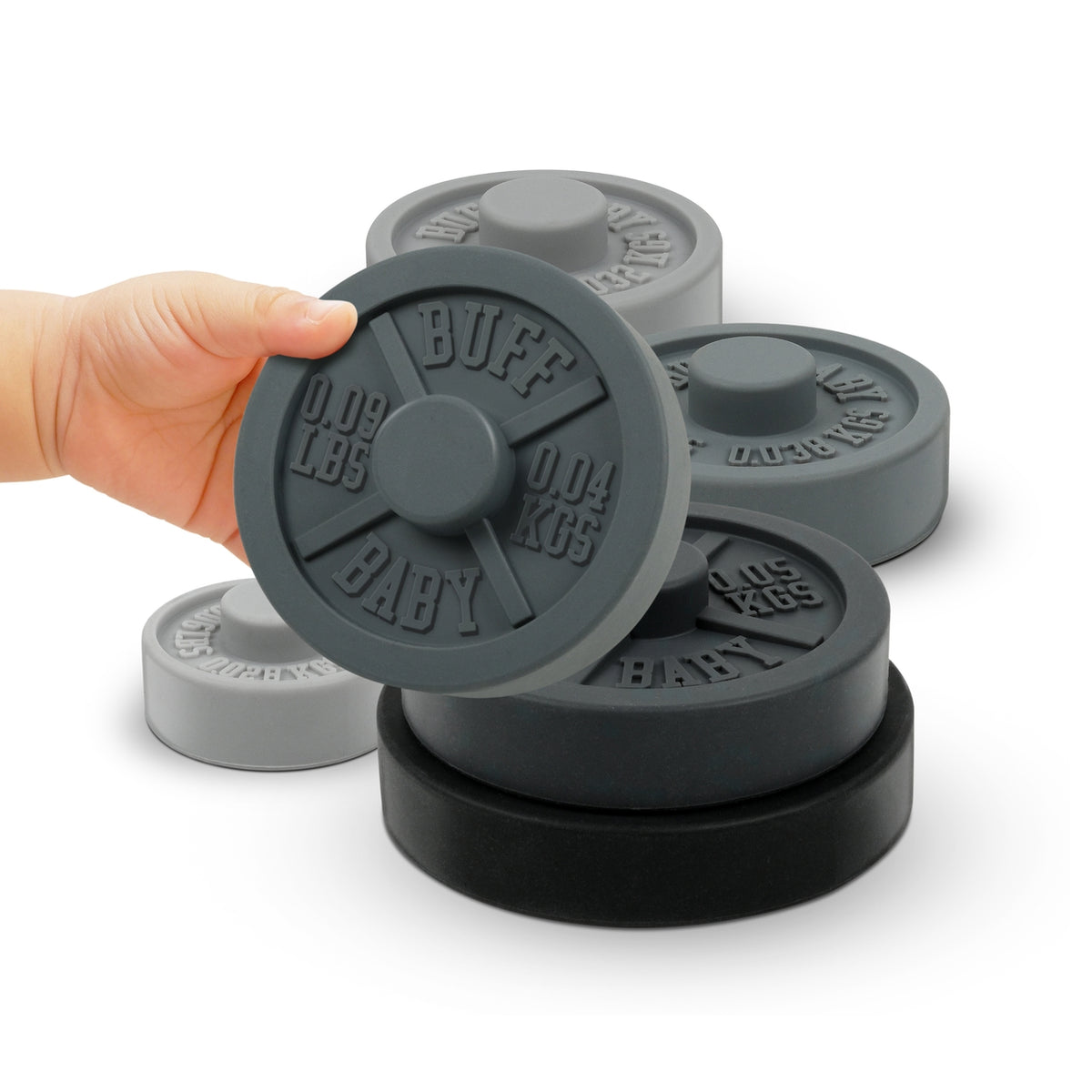 Gray and black weightlifting plates with 'BUFF BABY' branding on a white background