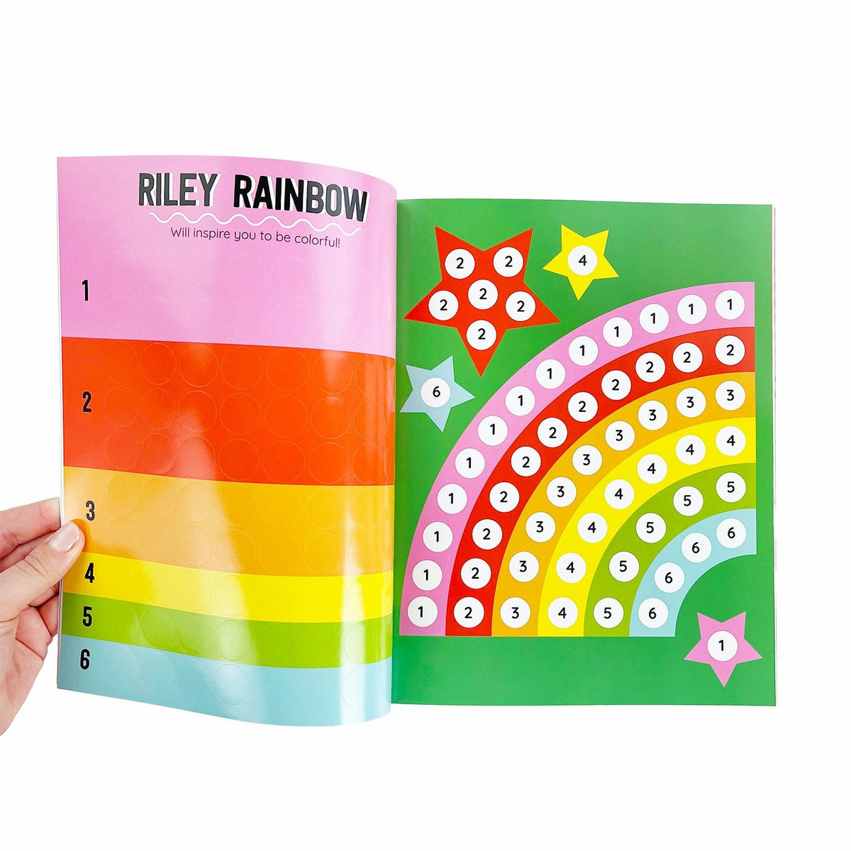 Colorful children's book with rainbow design and number pages.