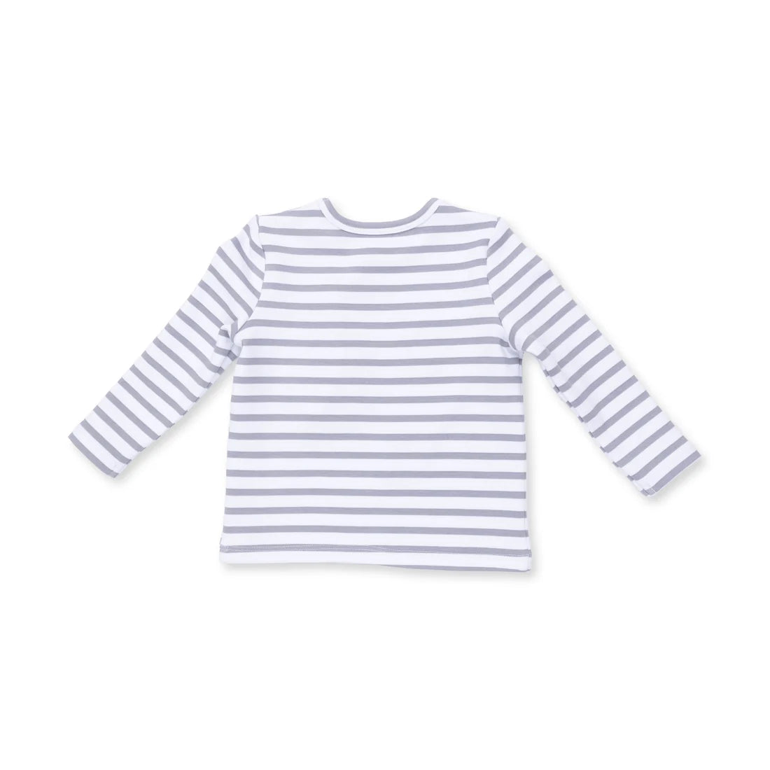 A long-sleeve baby t-shirt with horizontal light gray and white stripes, shown flat against a solid white background.