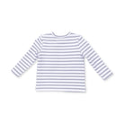 A long-sleeve baby t-shirt with horizontal light gray and white stripes, shown flat against a solid white background.