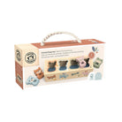 Wooden toy set packaging with animal shapes and a handle on a white background