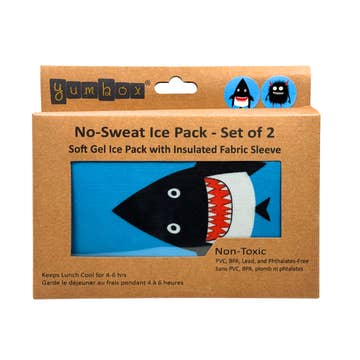 Yumbox no-sweat ice pack set with shark design on packaging