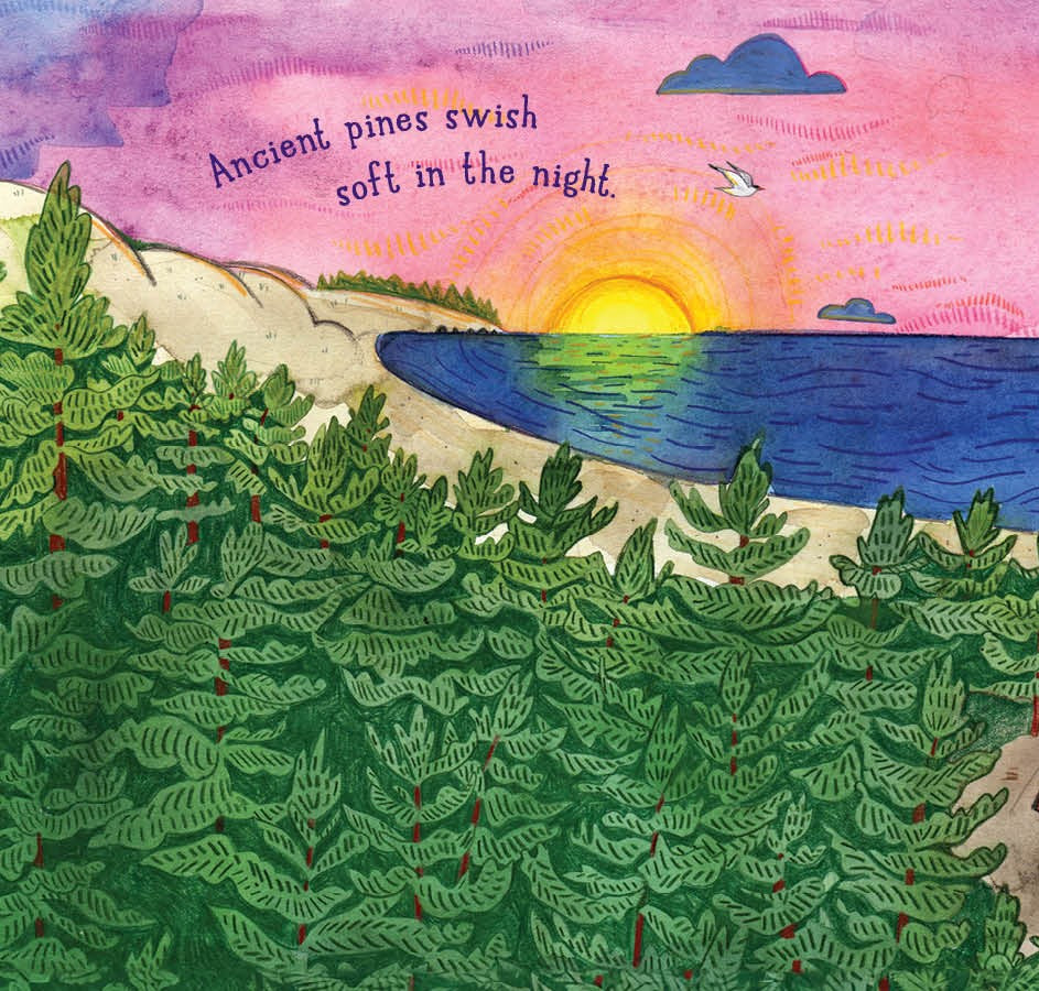 Painting of a forest with a sunset over water and text 'Ancient pines swish soft in the night'.