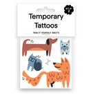 Pack of temporary tattoos featuring cute cartoon pet illustrations including a dachshund, terrier, cat, and fox, in orange, brown, blue, and black colors.