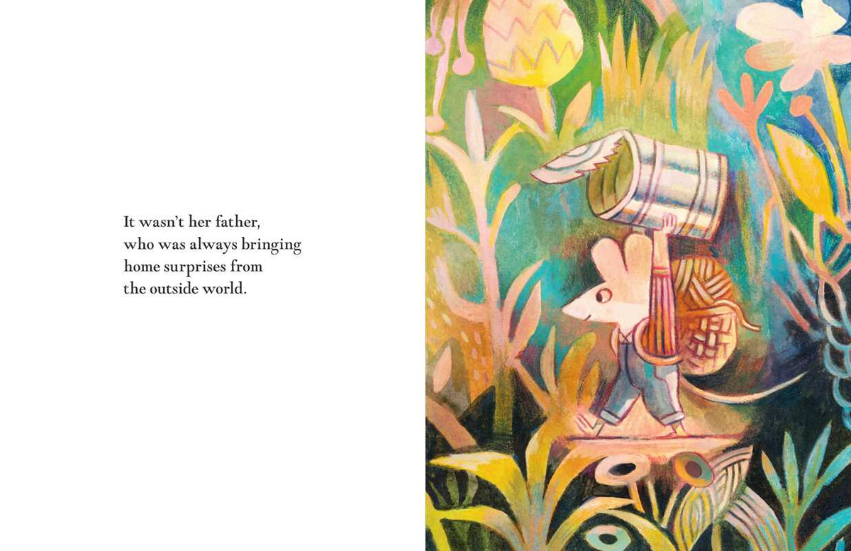 Illustration of a mouse with a basket in a colorful, fantastical landscape.