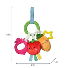 Colorful baby teething ring with fruit designs and measurements on a white background