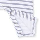 Gray and white striped baby romper on a white background