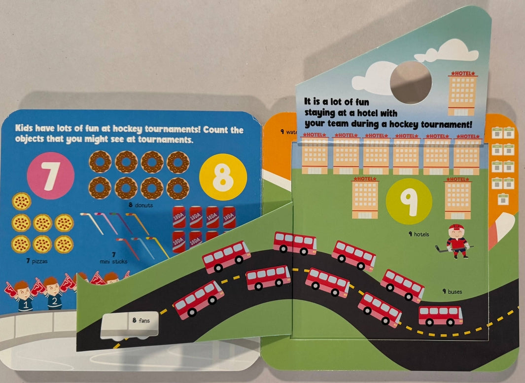 A children's interactive counting toy book with hockey-themed pages, showing numbers 7 through 9 with illustrated objects like skates, hockey pucks, sticks, and buses on a curved road.
