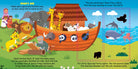 Illustrated children's book page about Noah's Ark with animals on the ark and in the water.