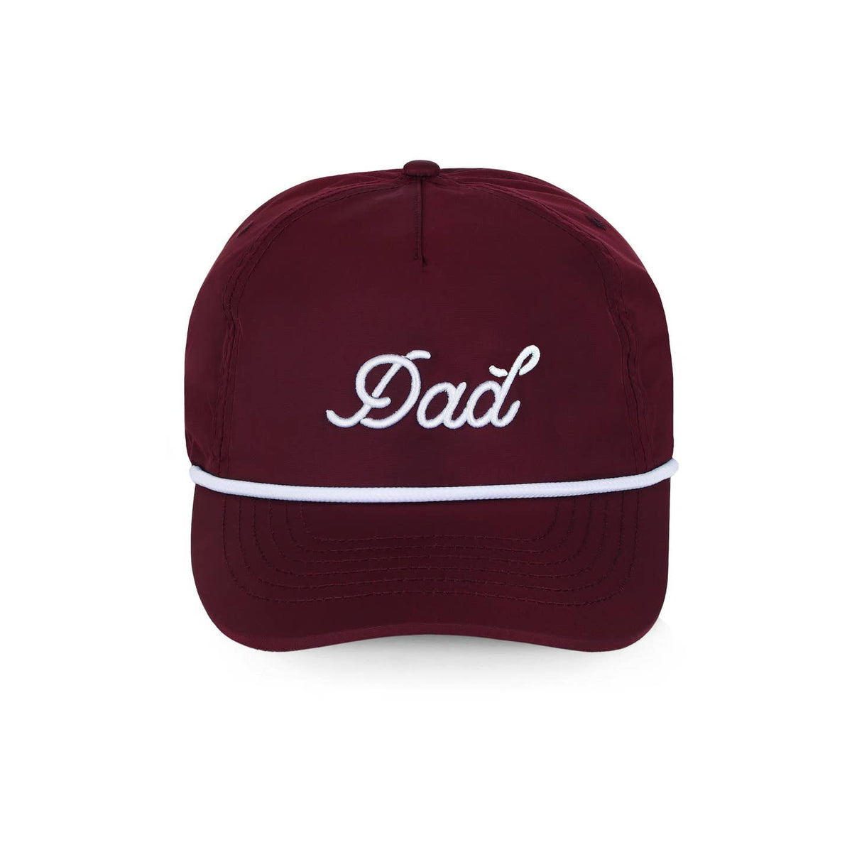 Maroon cap with 'Dad' embroidered on it against a white background