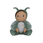 Plush toy in a caterpillar costume with a rainbow on a white background