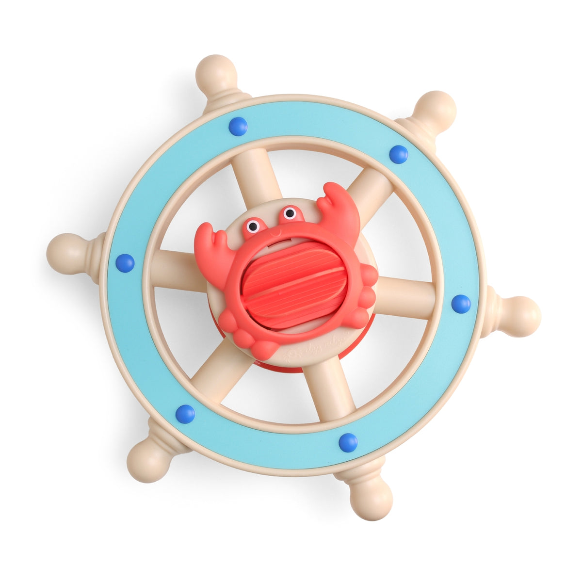Toy steering wheel with a red crab in the center on a white background