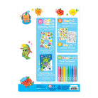 Children's activity set with coloring book, stickers, markers, and scented elements on a white background