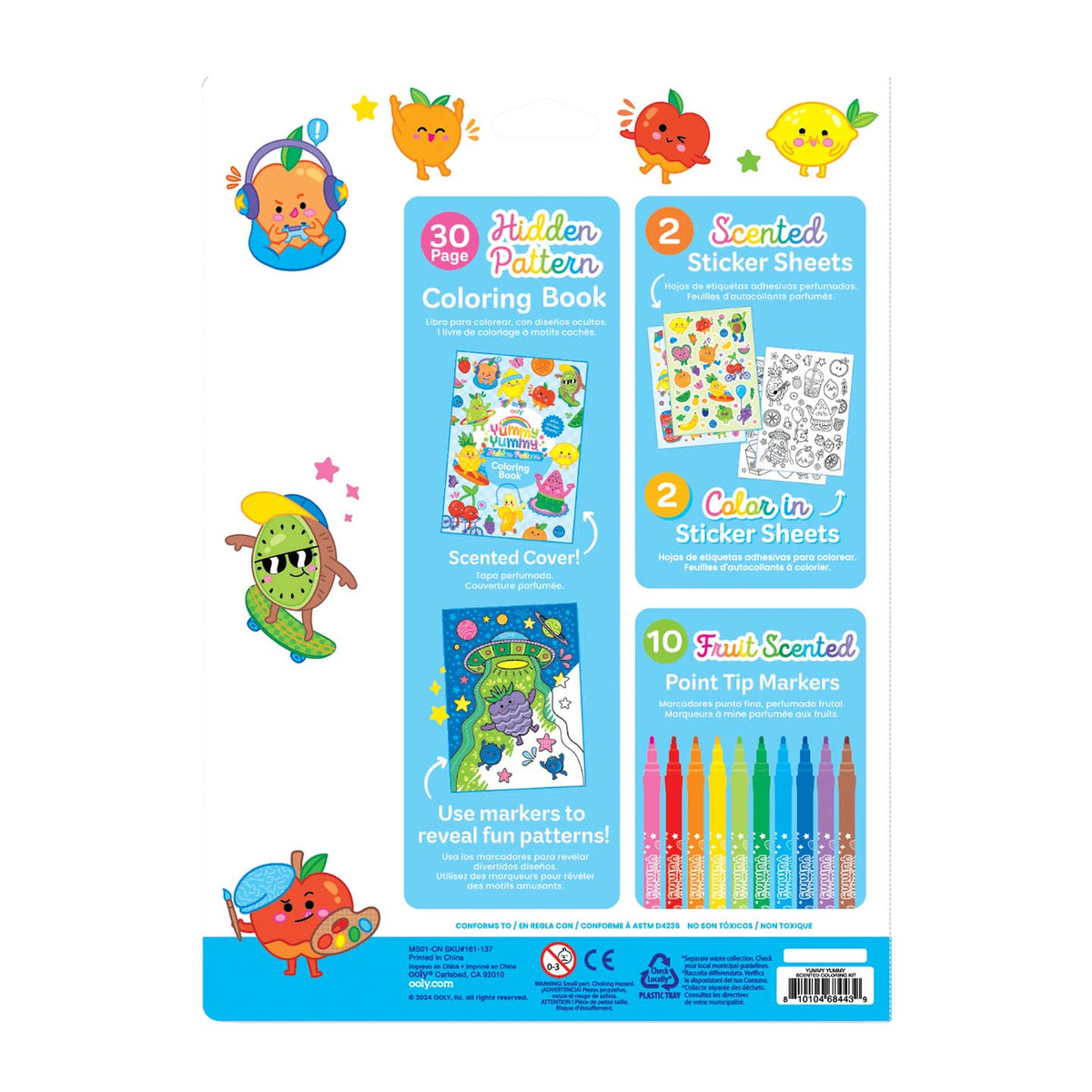 Children's activity set with coloring book, stickers, markers, and scented elements on a white background