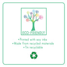 Eco-friendly product label with a tree graphic, recycling symbol, and text about ink and material usage.