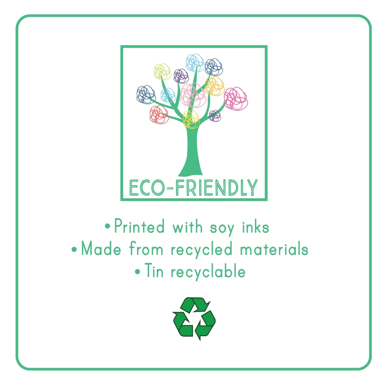Eco-friendly product label with a tree illustration, recycling symbol, and text about ink and material usage.