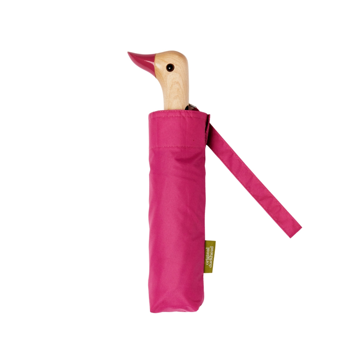 Pink umbrella with a bird-shaped handle on a white background