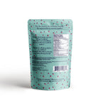 Teal packaging with berry pattern and nutritional information on a white background