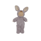 Gray plush toy with bunny ears on a black background